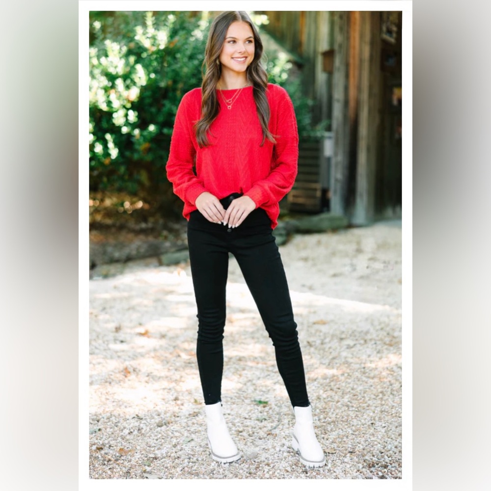 Shop the Mint Red Cable Knit Crew Neck Top, Boho Oversized, M, New